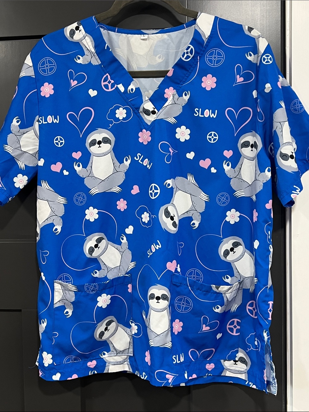Blue Sloth Print Medical Scrub Top